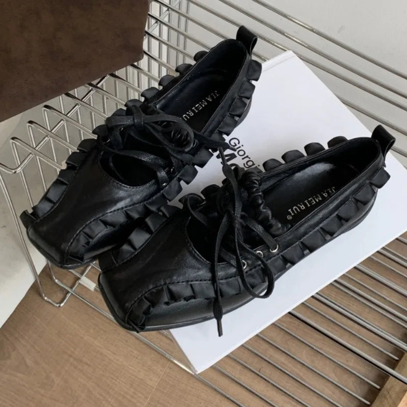 Designer Sporty Ballet Flats – Lace-Up Shallow Square-Toe Leisure Shoes for Women