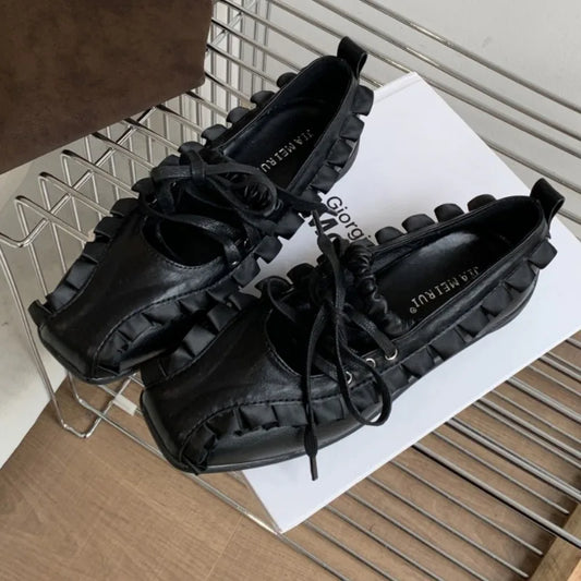 Designer Sporty Ballet Flats – Lace-Up Shallow Square-Toe Leisure Shoes for Women