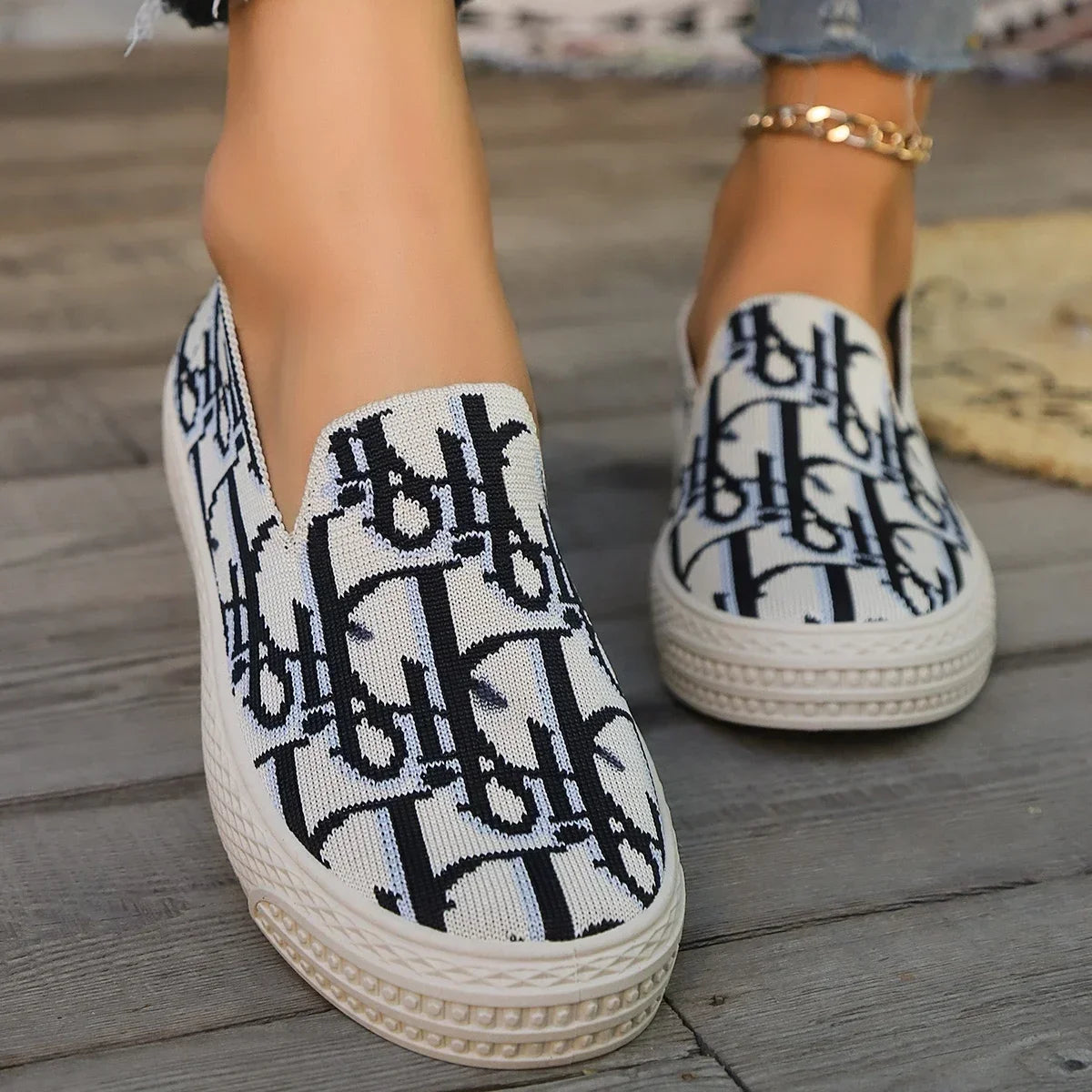 Letter Fisherman Loafers - Knitted Graffiti Sneakers, Casual Breathable Plaid Shoes for Women