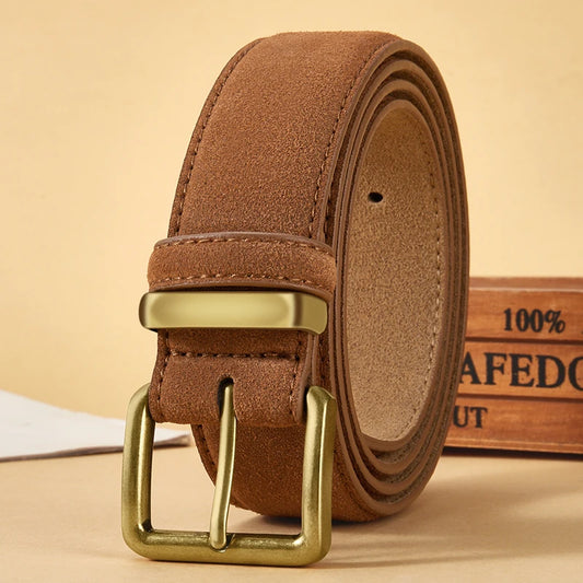 Women’s Luxury Suede Cowhide Belt - Vintage Gold Buckle, 3.5cm Wide Strap for Dresses & Jeans