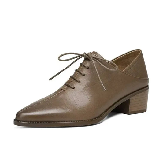 Genuine Leather Lace-Up Pumps for Women – Pointed Toe, Mid-Heel Office Shoes