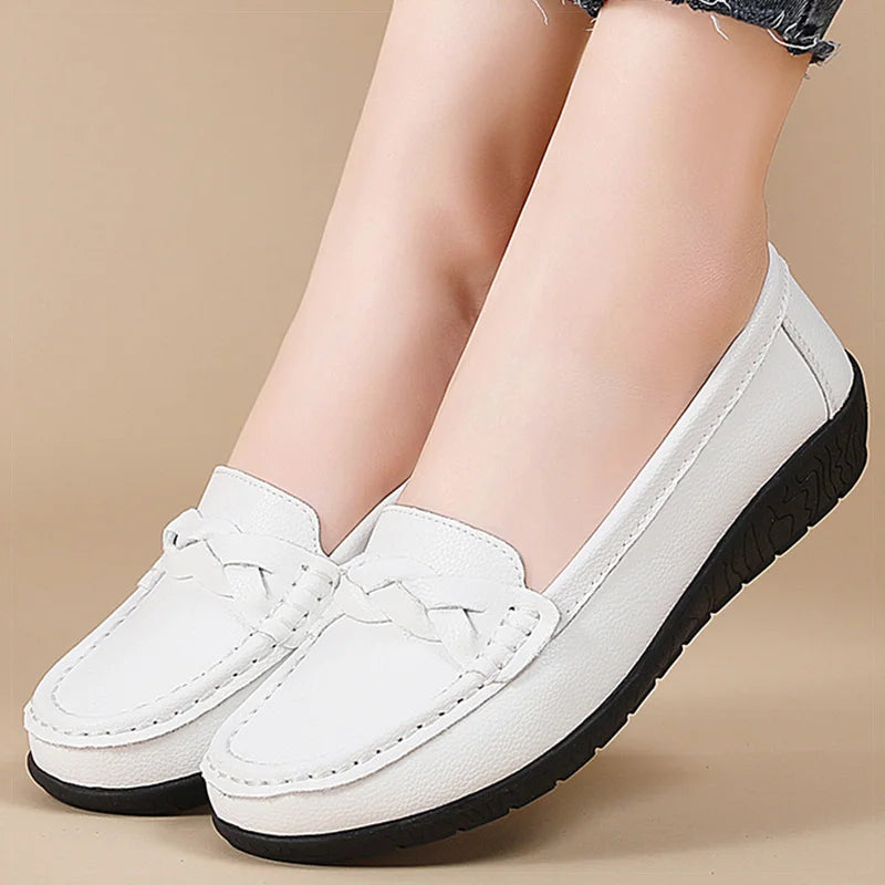 Soft Leather Loafers - Casual Slip-On Flats, White Comfortable Footwear