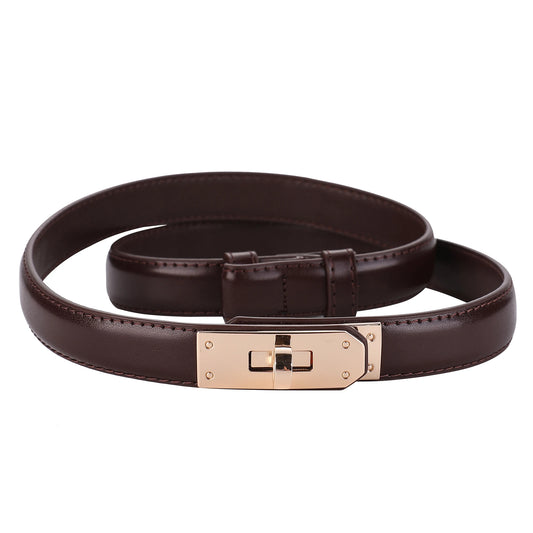 Women’s Leather Belt - Golden Metal Buckle, Luxury Casual Strap for Jeans & Dresses