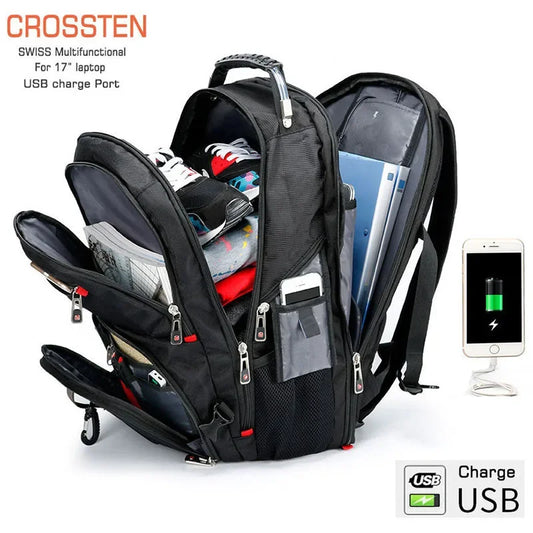 Swiss Multifunctional 17-Inch Laptop Backpack - Water-Resistant Travel & College Bag with USB Charging