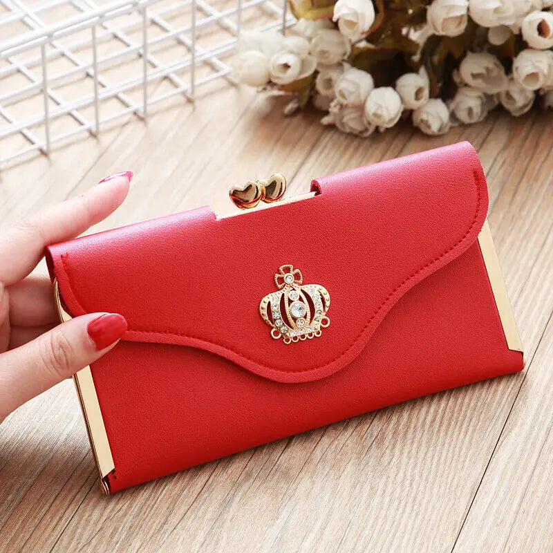 Women's Crown Style Long Wallet - Elegant Hasp & Zipper Clutch with ID Card Holder and Coin Pouch