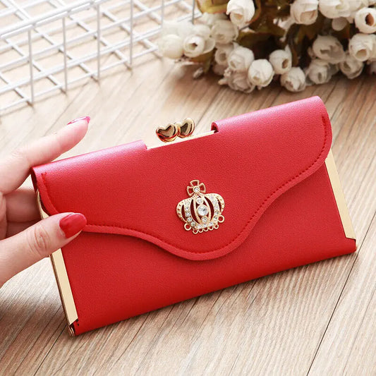 Women's Crown Style Long Wallet - Elegant Hasp & Zipper Clutch with ID Card Holder and Coin Pouch