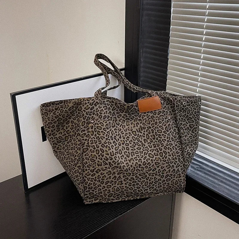 Savanna Wild Tote - Canvas Leopard Print Shoulder Bag with Zipper Closure