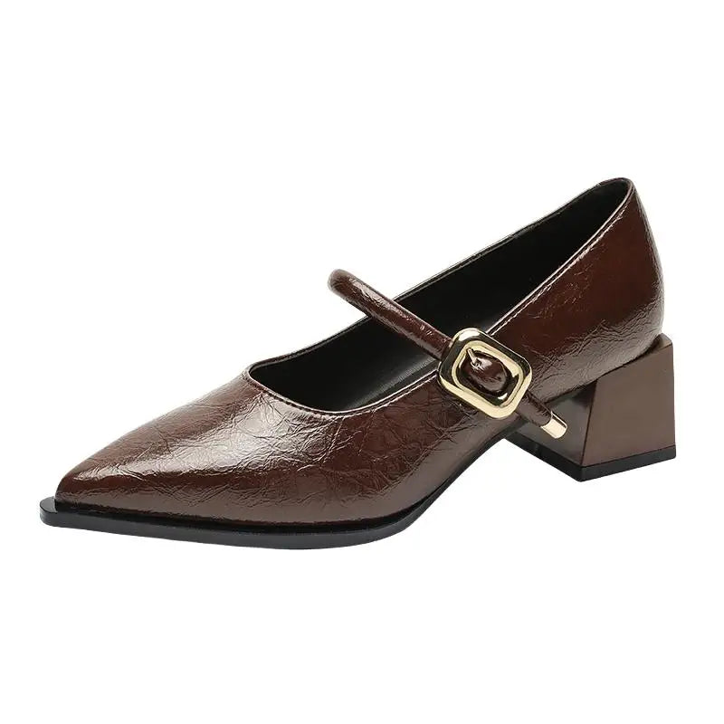 Retro Belt Buckle Leather Shoes for Women - Pointed Toe, Mid-Length, Comfortable Slip-On Flats