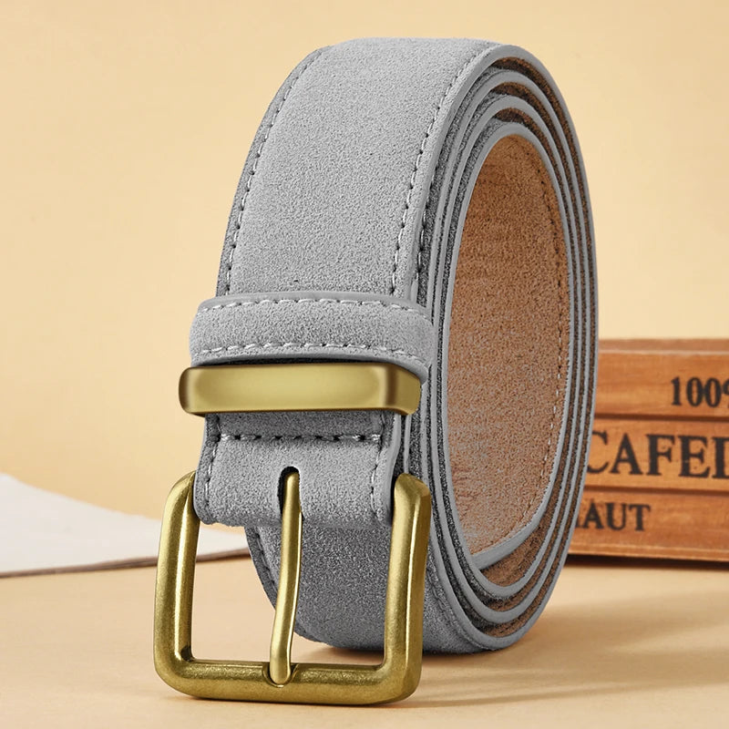 Women’s Luxury Suede Cowhide Belt - Vintage Gold Buckle, 3.5cm Wide Strap for Dresses & Jeans