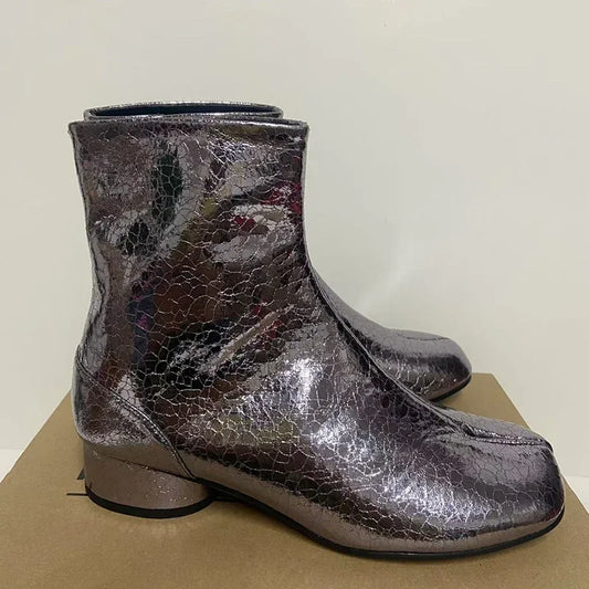 Luxury Designer Women’s Ankle Boots - Genuine Leather Split-Toe Booties with Chunky Silver Heels