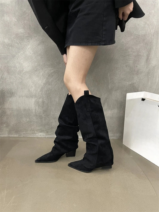 Winter Fashion Women’s Boots – Pointed Toe, Square Heel, Solid Color, Elegant Velvet Warm Shoes