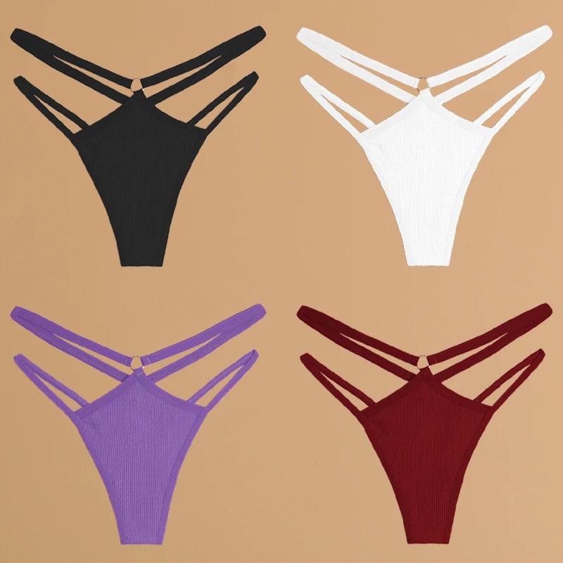4-Piece Cotton Double-Strap Thong Set - Low-Waist Striped Panties for Women