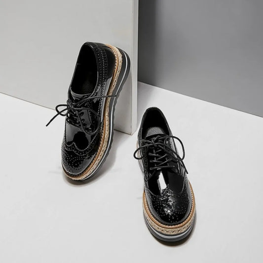 Women’s Derby Platform Flats - Gold Brogue Leather Lace-Up Oxford Shoes