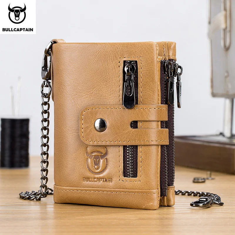 Bullcaptain Men’s Genuine Leather Wallet | RFID-Blocking Travel Purse & Credit Card Holder with Chain