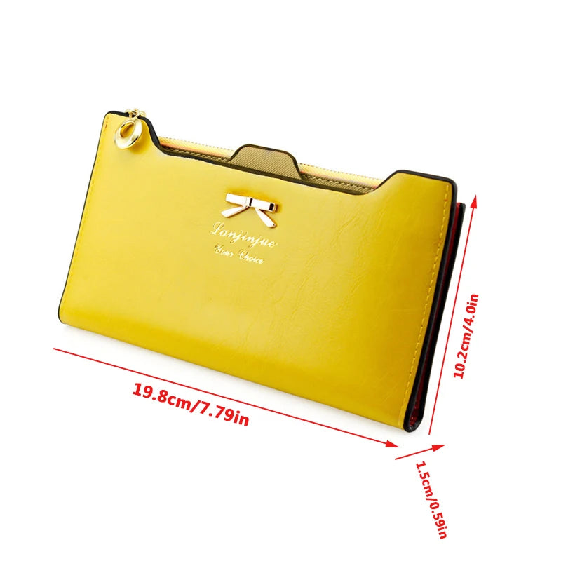 Cute Bowknot Long Wallet - PU Leather Zipper Clutch with Multi-Card Slots & Phone Pocket