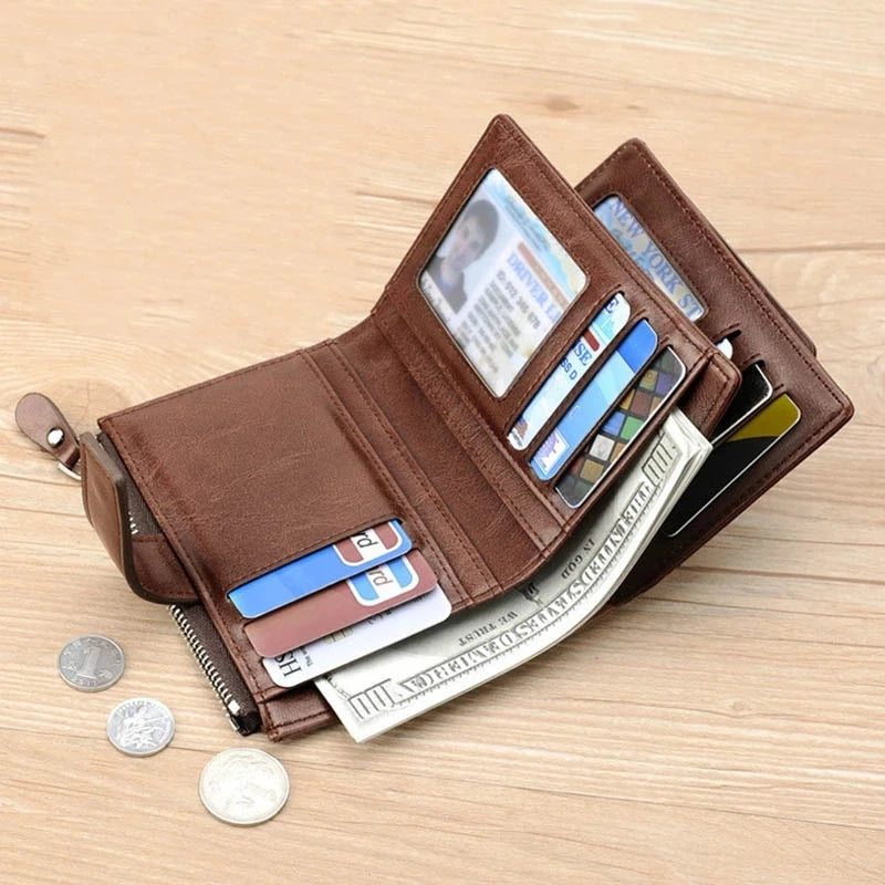 Men’s Luxury Leather Wallet | RFID-Blocking Short Card Holder with Zipper Coin Purse & Billfold
