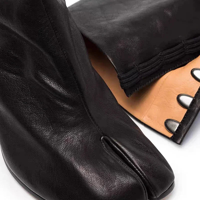 Luxury Designer Women’s Ankle Boots - Genuine Leather Split-Toe Booties with Chunky Silver Heels