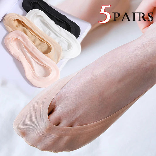 Women’s Non-Slip Invisible Ice Silk Socks – 5 Pairs, Seamless Low-Cut Boat Socks, Summer Breathable