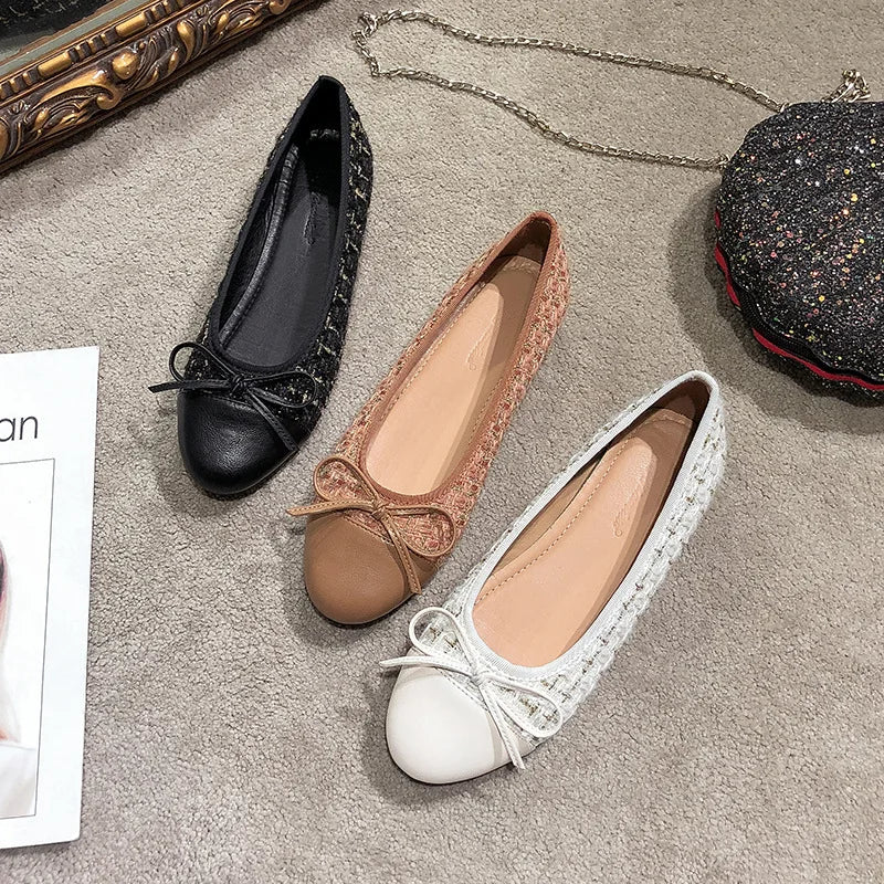 Elegant Tweed Ballerina Flats for Women - Round Toe Slip-On Loafers, Comfortable Maternity & Everyday Shoes