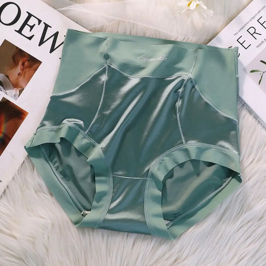 Retro High-Waist Silk Panties - Traceless Solid Color Satin Briefs for Women, Plus-Size Korean Underwear