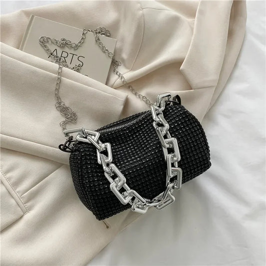 StellarSpark Crystal Ball Mini Bucket Bag - Rhinestone Chain Crossbody Glam