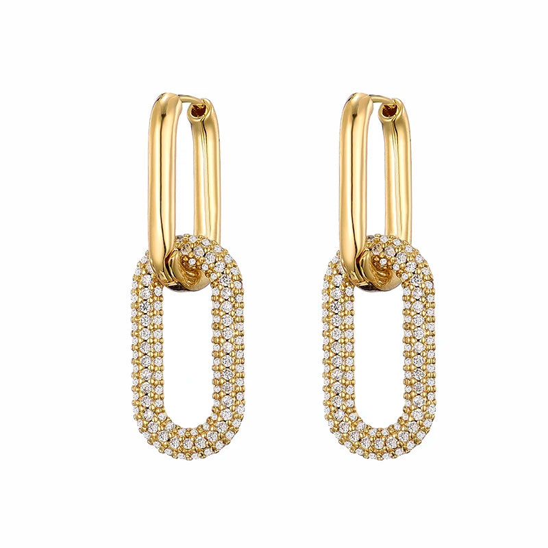 Gold Geometric Oval & Rectangle Hoop Earrings - Elegant Zircon Wedding Jewelry for Women