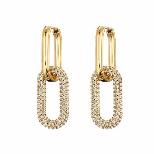 Gold Geometric Oval & Rectangle Hoop Earrings - Elegant Zircon Wedding Jewelry for Women