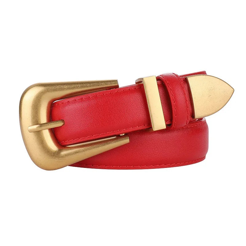Women’s Genuine Burgundy Leather Belt - Gold Metal Buckle, Luxury Casual Strap for Jeans & Dresses