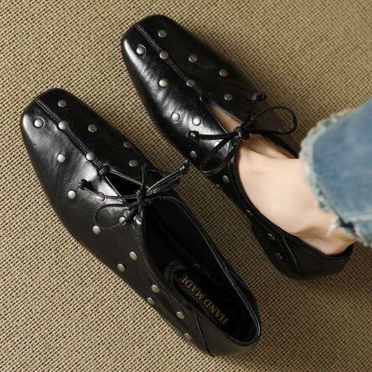 Women’s Cow Leather Lace-Up Flats - High-Quality Oxford Espadrilles with Rivet Detail