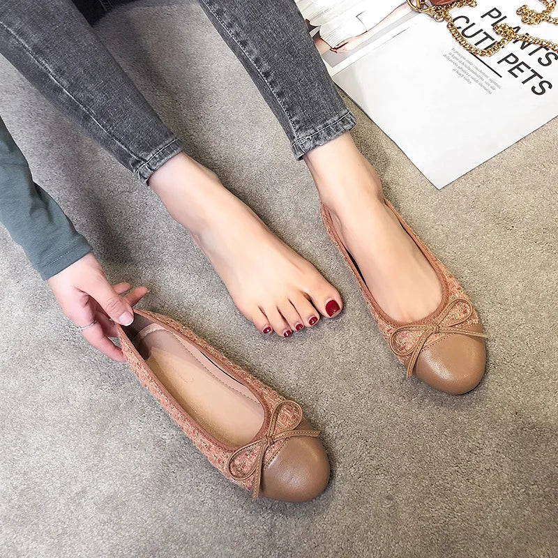 Elegant Tweed Ballerina Flats for Women - Round Toe Slip-On Loafers, Comfortable Maternity & Everyday Shoes