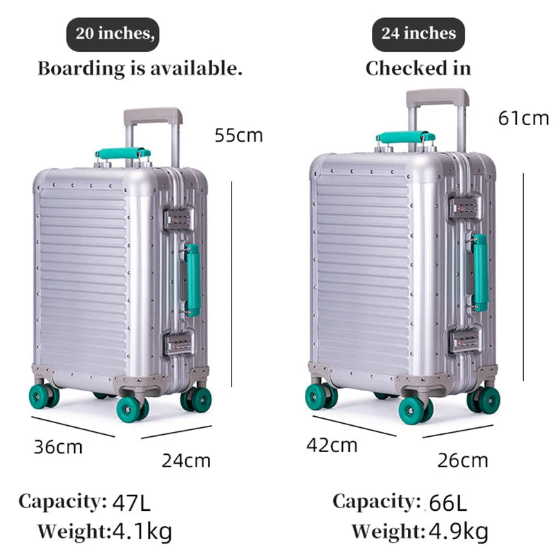 20-Inch All-Aluminum-Magnesium Alloy Carry-On Trolley Luggage - Stylish, Durable Travel Suitcase for Men & Women