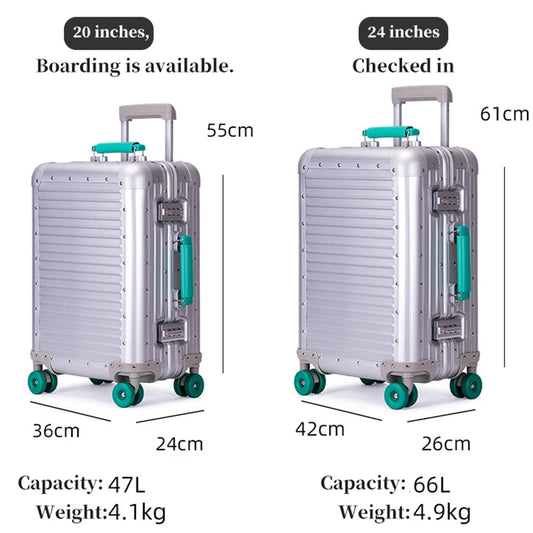 20-Inch All-Aluminum-Magnesium Alloy Carry-On Trolley Luggage - Stylish, Durable Travel Suitcase for Men & Women