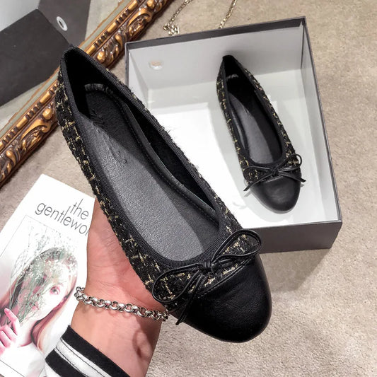 Elegant Tweed Ballerina Flats for Women - Round Toe Slip-On Loafers, Comfortable Maternity & Everyday Shoes