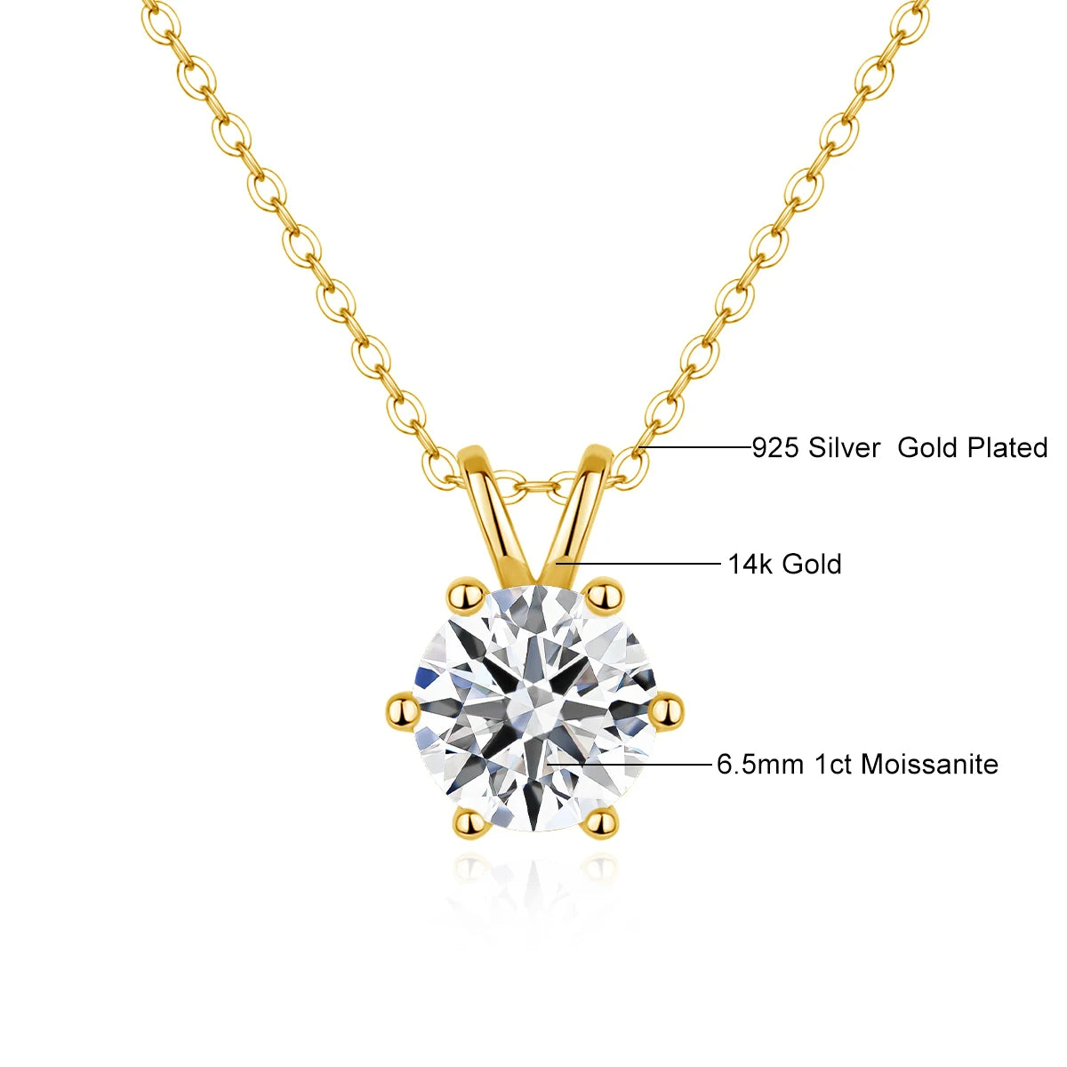 Women's 14K Gold Moissanite Pendant Necklace - Real Gold Lab Diamond Necklace for Weddings, Engagements & Valentine’s Gifts