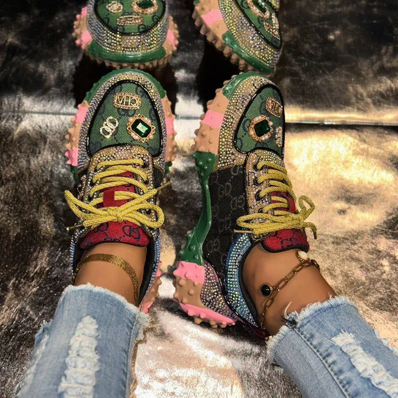 Women’s Luxury Rhinestone Sneakers - Fashion Casual Diamond Platform Running Shoes, Breathable & Non-Slip Design