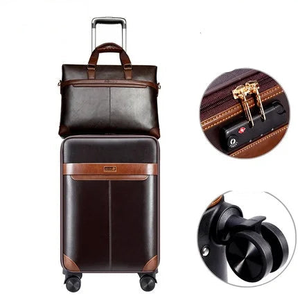 Business Retro Leather Handbag + Rolling Luggage Set | 16/18/20/22/24 Inch Advanced Material Travel Suitcase
