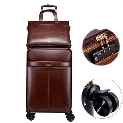 Business Retro Leather Handbag + Rolling Luggage Set | 16/18/20/22/24 Inch Advanced Material Travel Suitcase